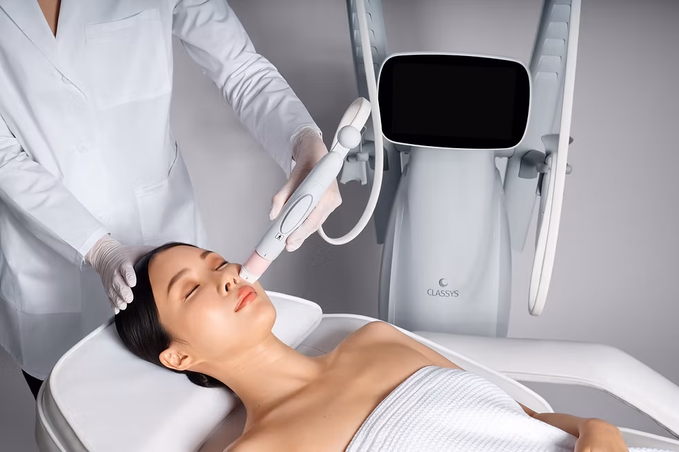 Clinician performing an Everesse monopolar radiofrequency treatment on a patient’s face